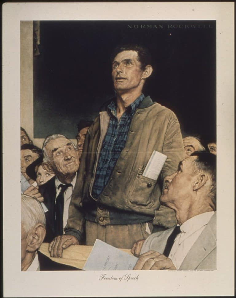 Freedom of Speech is the first of the Four Freedoms paintings by Norman Rockwell, inspired by United States President Franklin D. Roosevelt's 1941 State of the Union address, known as Four Freedoms.